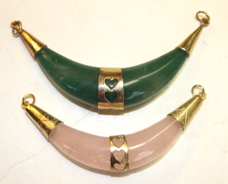 2 Chinese gorgets - 1 jade & 1 rose quartz w silver: 2 Chinese gorgets - 1 jade & 1 rose quartz w silver mounts - 3" long