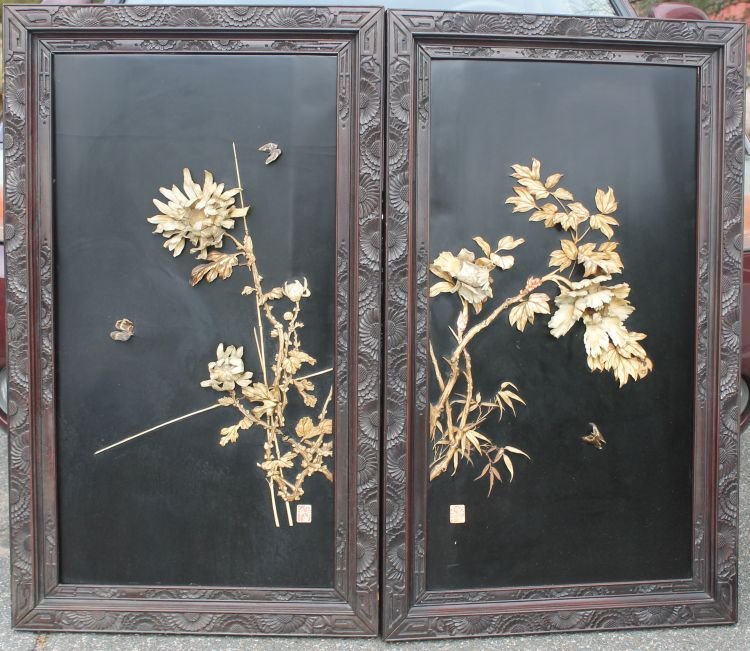 Large pr of antique Chinese panels w ivory carved p: Large pr of antique Chinese panels w ivory carved peonies in matching chysanthemum carved frames - sgnd - 42" tall x 25" wide each