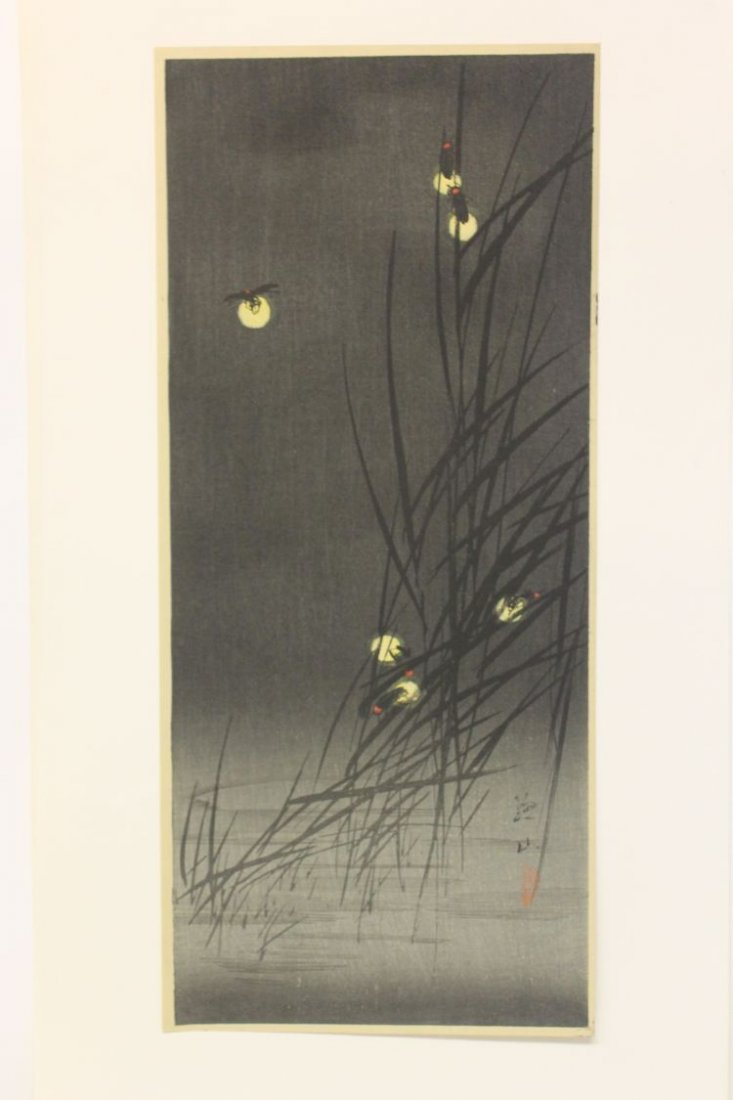Japanese woodblock print by Sozan of fireflies - a: Japanese woodblock print by Sozan of fireflies - approx 15x6 3/4"
