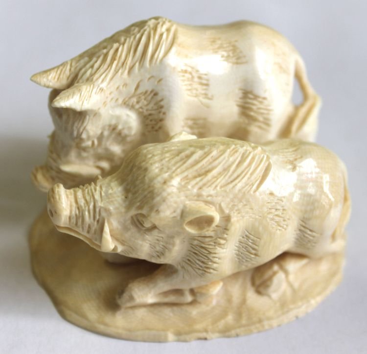 Chinese carved ivory boar figural group - 2": Chinese carved ivory boar figural group - 2"