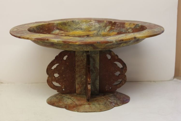 Chinese carved soapstone compote - 8" tall with 15: Chinese carved soapstone compote - 8" tall with 15 1/2" x 12" bowl