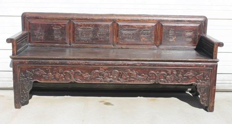 Fabulous 19thC Chinese rosewood carved 6'8" long x: Fabulous 19thC Chinese rosewood carved 6'8" long x 36" tall bench/ daybed - pulls out to convert to a daybed