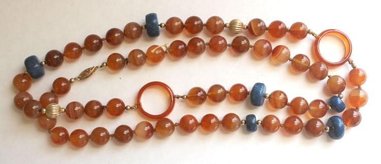Chinese carnelian w lapis & 14k gold accent beads : Chinese carnelian w lapis & 14k gold accent beads & 14k gold clasp - 30"
