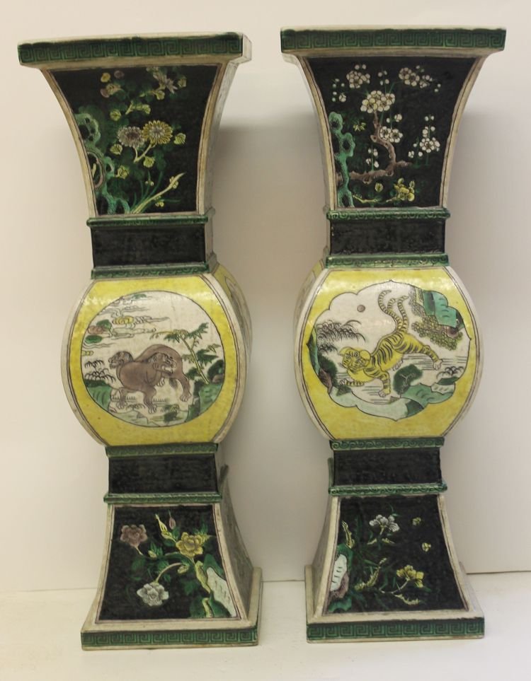 pr of antique Kanghi Chinese book matched vases on: pr of antique Kanghi Chinese book matched vases on rosewood stands - (drilled for lamp bases) - 16 1/2" tall
