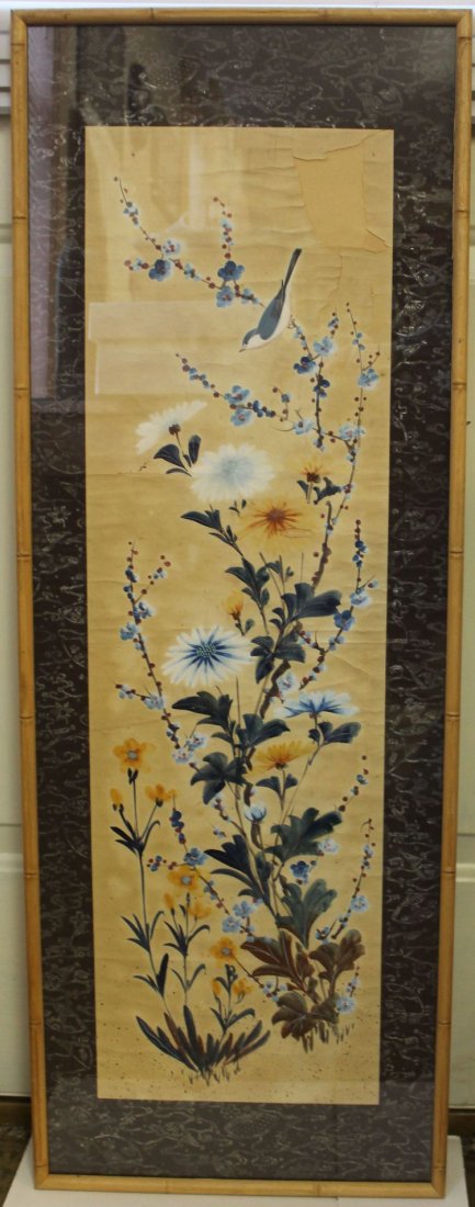 19thC Chinese w/c on rice paper of a brid on a flo: 19thC Chinese w/c on rice paper of a brid on a floral branch - 38" x 13 1/2" framed size