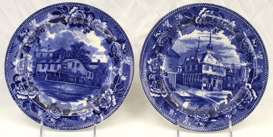 Lot of 2 Wedgwood Staffordshire blue & white Historical plates - "Site of Adams House" & "Boston