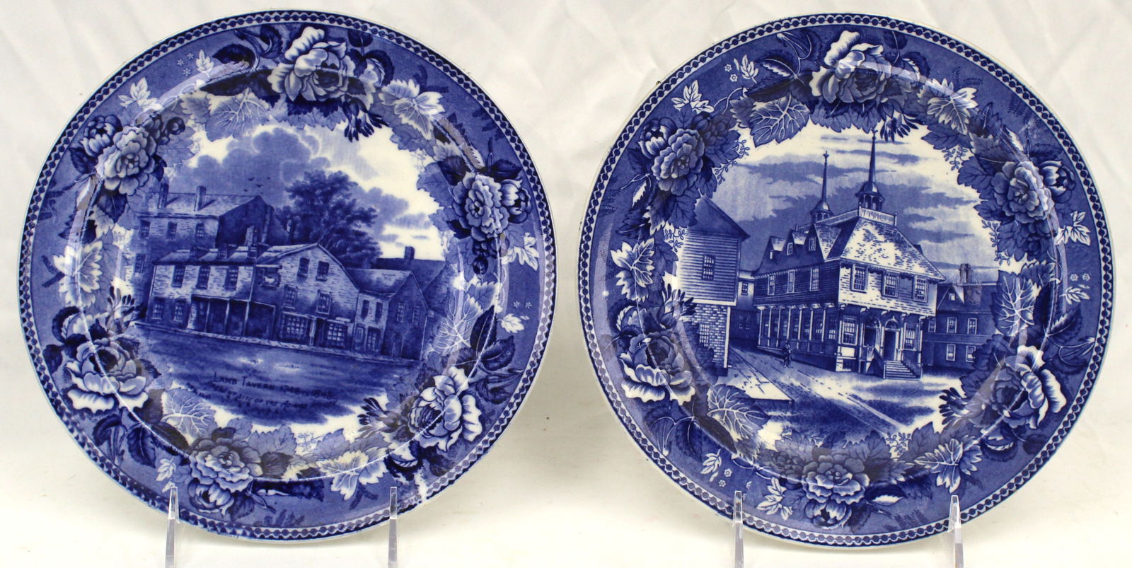 Lot of 2 Wedgwood Staffordshire blue & white Historical plates - "Site of Adams House" & "Boston