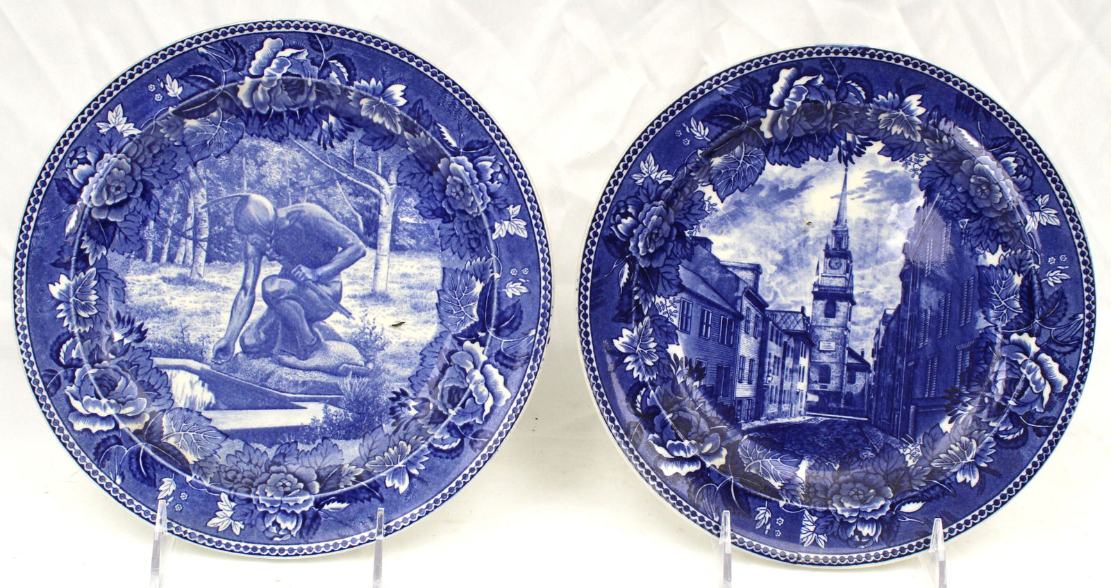 Lot of 2 Wedgwood Staffordshire blue & white Historical plates - "Indian Hunter Menotomy"  & "Old (1 of 7)