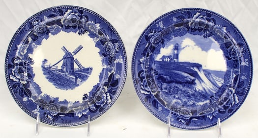Lot of 2 Wedgwood Staffordshire blue & white Historical plates "Nantucket" scenes - 9 1/2" diam