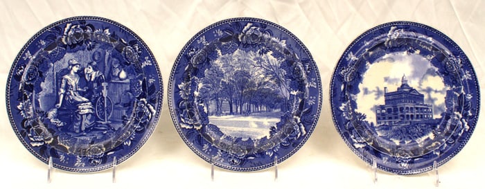 Lot of 3 Wedgwood Staffordshire blue & white Historical plates - "Priscilla & John Alden", Yale
