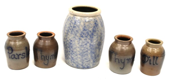 Lot of 5 small contemporary stoneware jars incl a 6 1/2" sponge dec & 4 w cobalt herb names motif  -