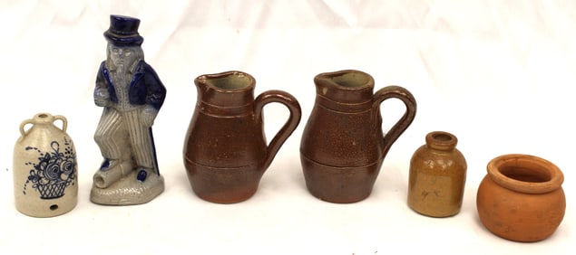 Lot of 6 miniature contemporary stoneware items incl figure, jugs, jars & pot - 1 1/2" - 4 3/4" tall