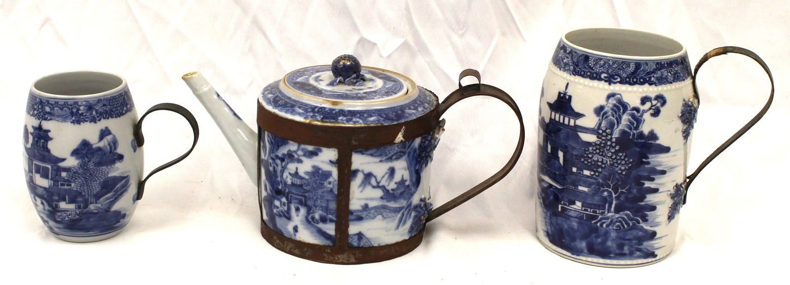 Lot of 3 Blue & white items with make-do iron repairs/handles - 6" teapot, 6 1/2" tankard & 4 1/2" (1 of 8)