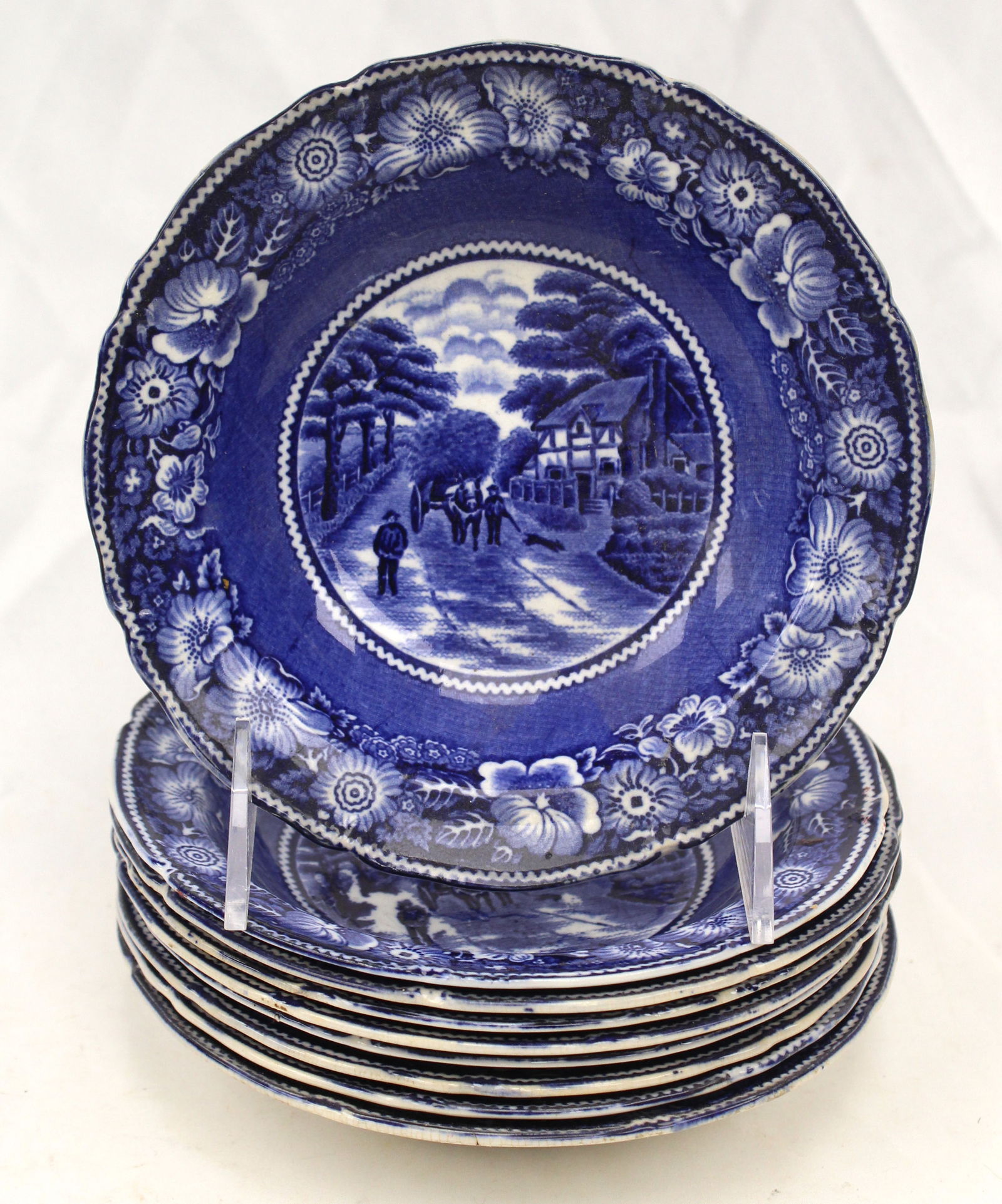 Set of 9 blue & white 6" bowls "Rural England" by Midwinter Ltd Burslem, England: Set of 9 blue & white 6" bowls "Rural England" by Midwinter Ltd Burslem, England