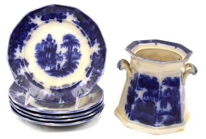 Set of 5 Flow Blue "Coburg" 7 1/2" plates by J, Edwards, England plus a large 5 1/2" sugar (no lid)