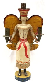 Folk Art painted wood & tin Scandinavian angel form candle holder - 16" tall