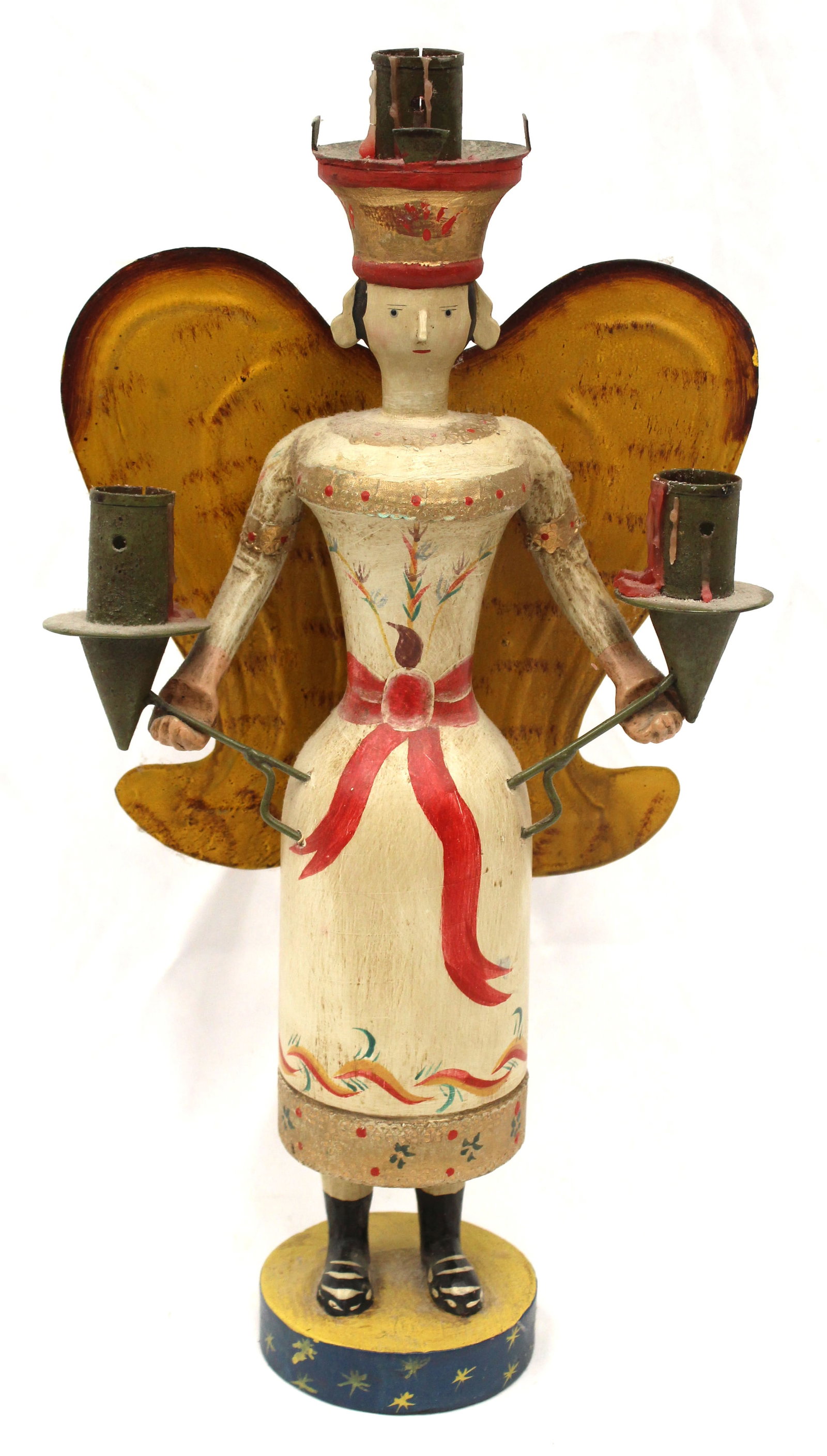 Folk Art painted wood & tin Scandinavian angel form candle holder - 16" tall: Folk Art painted wood & tin Scandinavian angel form candle holder - 16" tall