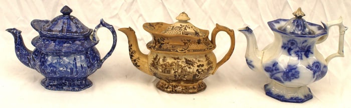 Lot of 3 antique Staffordshire teapots incl blue & white, brown transfer & flow blue