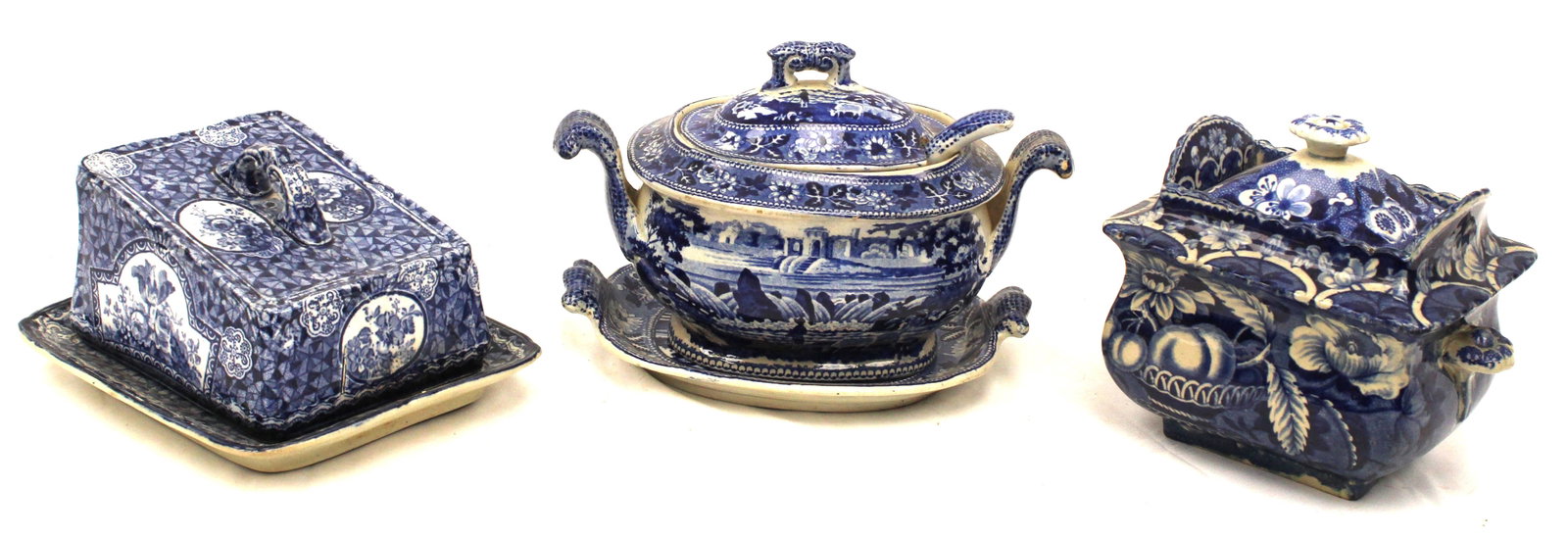 Lot of 3 Staffordshire blue & white items incl covered sugar, covered cheese dish & Covered gravy w: Lot of 3 Staffordshire blue & white items incl covered sugar, covered cheese dish & Covered gravy w ladle & undertray