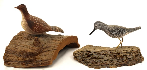 Lot of 2 miniature carved wooden shore birds on stumps - 1 signed
