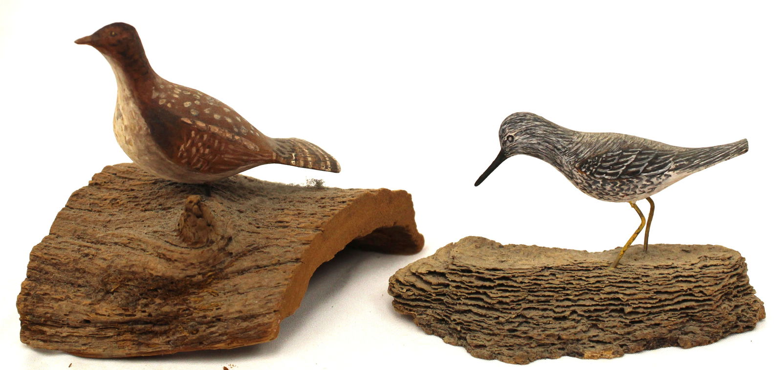 Lot of 2 miniature carved wooden shore birds on stumps - 1 signed (1 of 6)