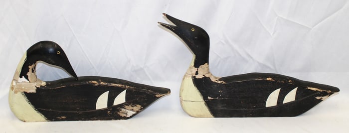 Lot of 2 carved wood & painted flat sided loon decoys
