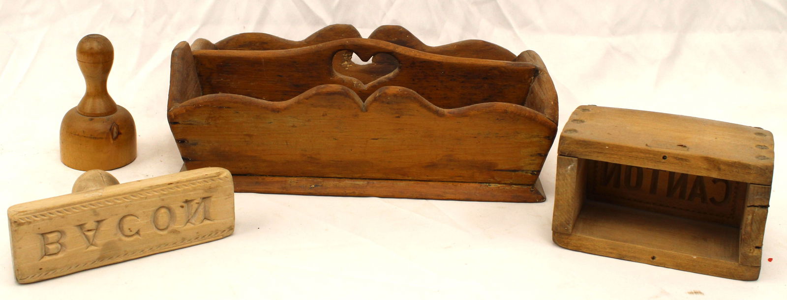 Antique treen lot incl utility tray w heart cut out handle, bacon press, butter mold & stamp (1 of 7)