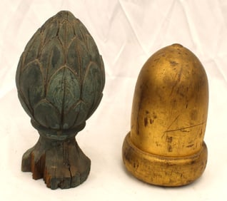 Lot of 2 carved wood & painted finials incl acorn & artichoke - 9" & 7"