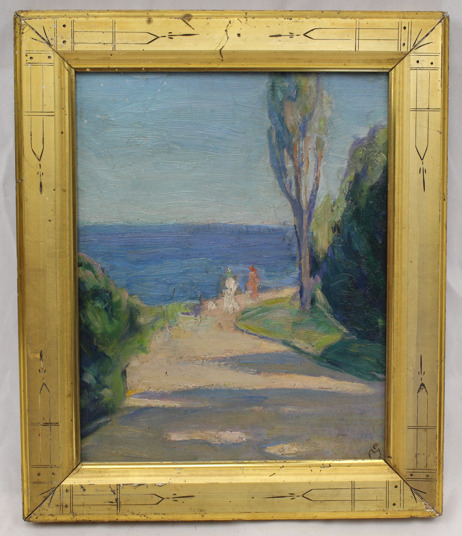 Signed Emily Monrad o/bd titled "Where The Blue Begins, Ogunquit" on verso - 0verall framed size 12: Signed Emily Monrad o/bd titled "Where The Blue Begins, Ogunquit" on verso - 0verall framed size 12 1/4"x10 1/4"
