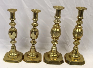Lot of 2 pairs of brass candlesticks - 11" & 12" tall