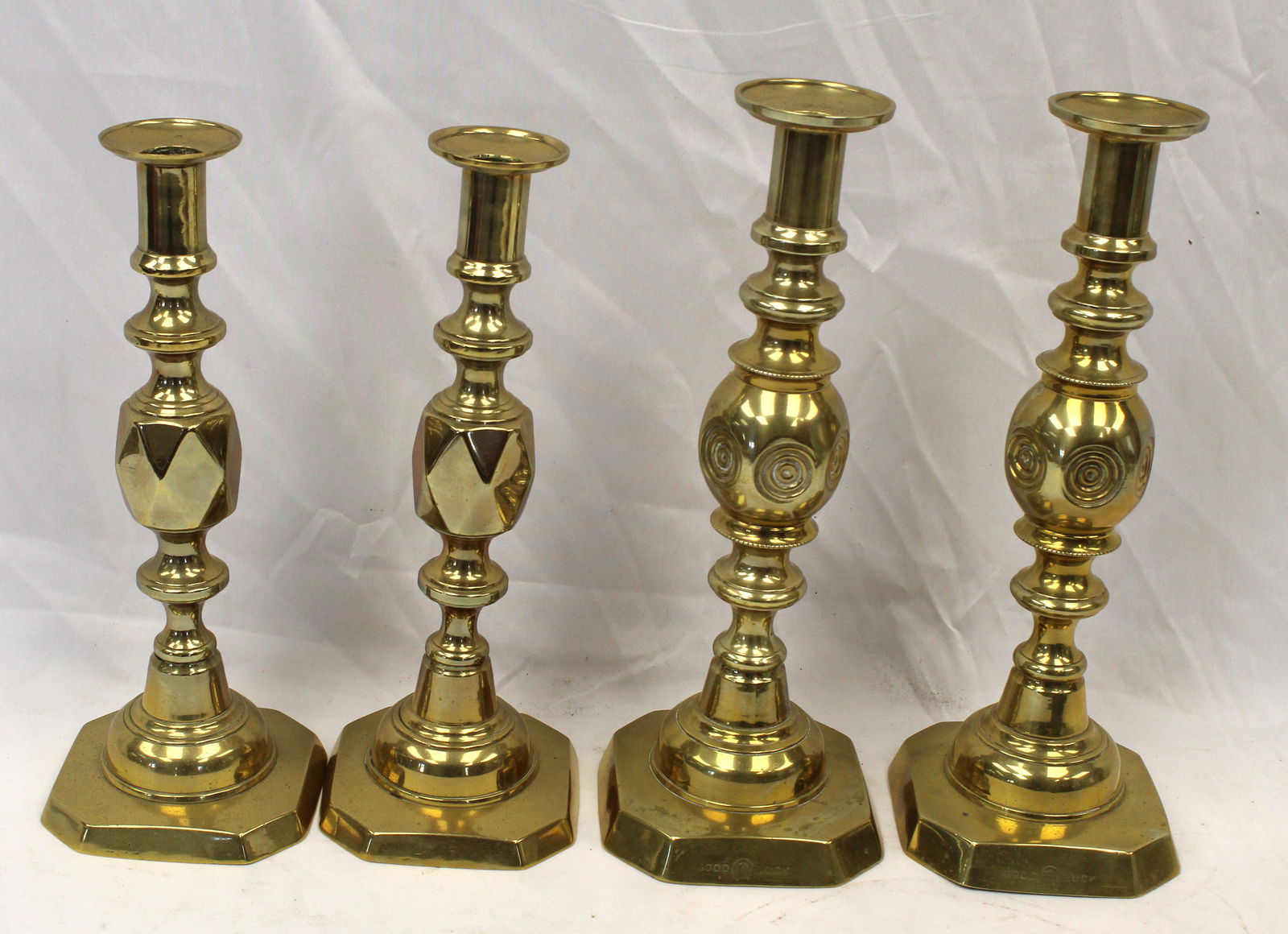 Lot of 2 pairs of brass candlesticks - 11" & 12" tall (1 of 6)