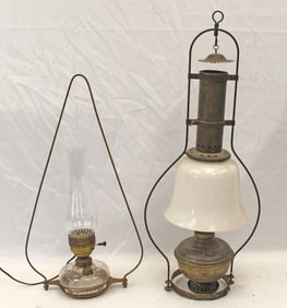 Lot of 2 kerosene hanging lamps - 1 electried - 23" & 28" tall