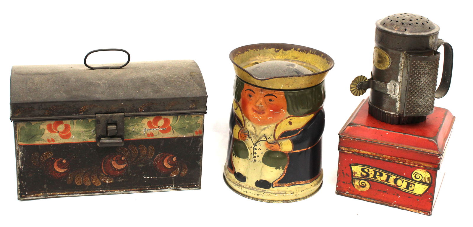 Antique tin lot incl toleware dometop box, toby shaped pitcher, red "Spice" tin & mult purpose (1 of 11)