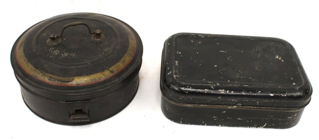 Lot of 2 antique spice tins w interior cannisters - round & rectangular