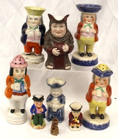 Lot of 9 Staffordshire Toby items incl mugs & shakers - 1 1/2" - 6" tall