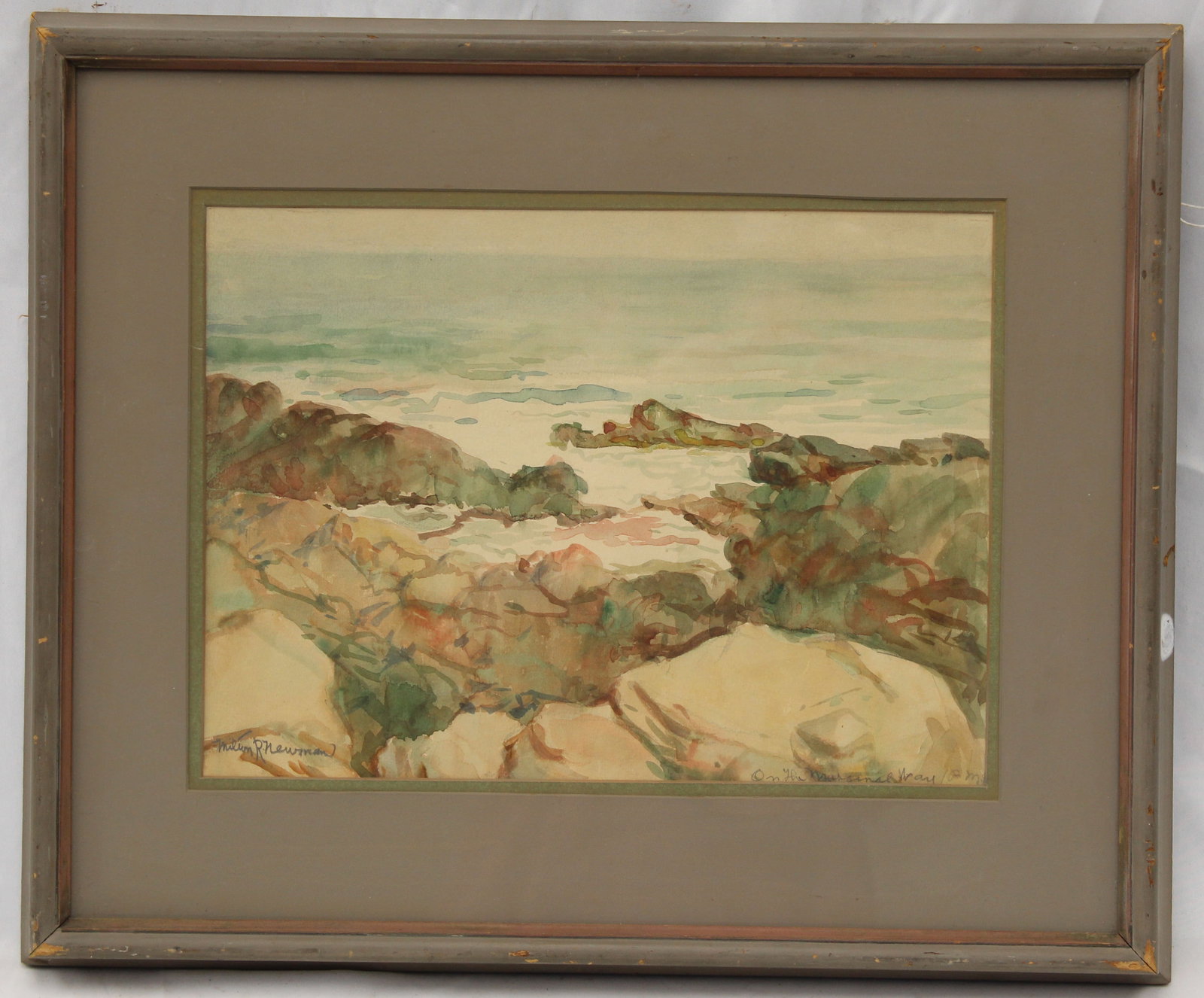 Signed Milton R Newman w/c titled "On-Coming Tide, Ogunquit, ME" - overall framed size 16"x20": Signed Milton R Newman w/c titled "On-Coming Tide, Ogunquit, ME" - overall framed size 16"x20"