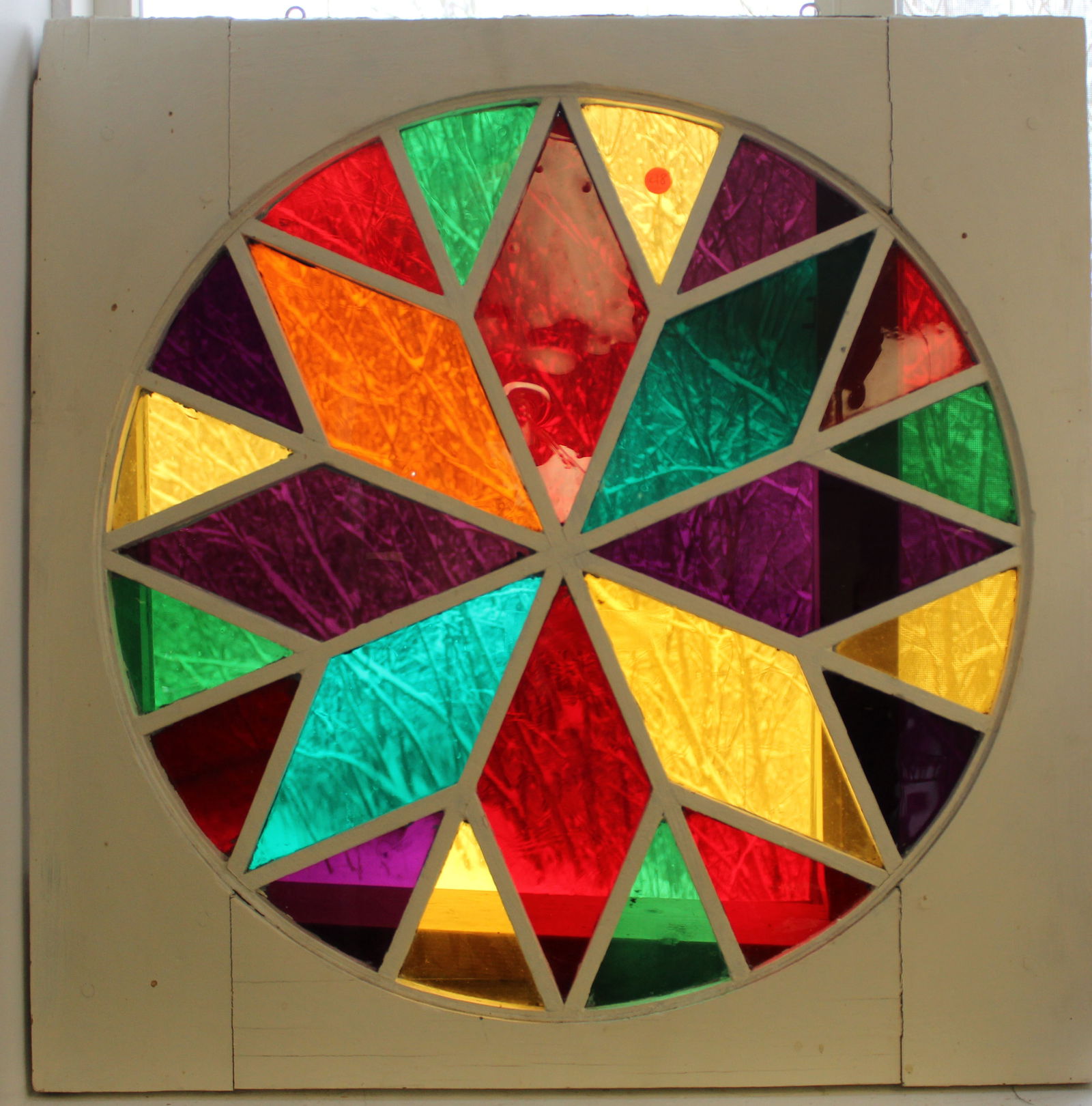 Vintage wooden framed stained glass window in star pattern w multi color panes - 28 1/2"x28 1/4" (1 of 4)