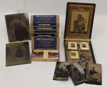Antique/vintage photo lot incl ambrotype, tintype, plus French themed photo slides