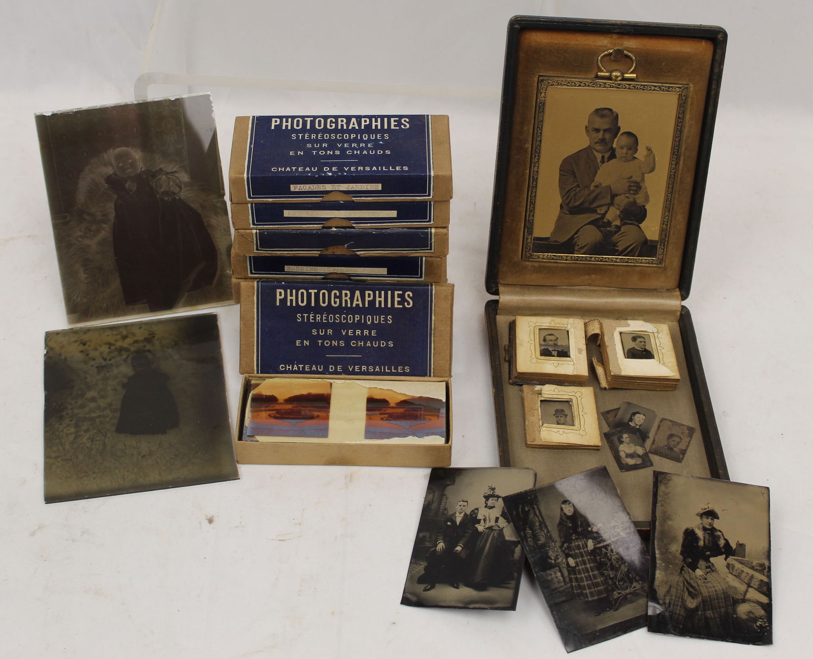 Antique/vintage photo lot incl ambrotype, tintype, plus French themed photo slides (1 of 6)