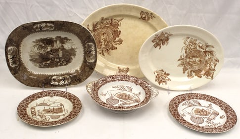 Lot of 6 Staffordshire brown & white transfer items incl platters, plates & a bowl