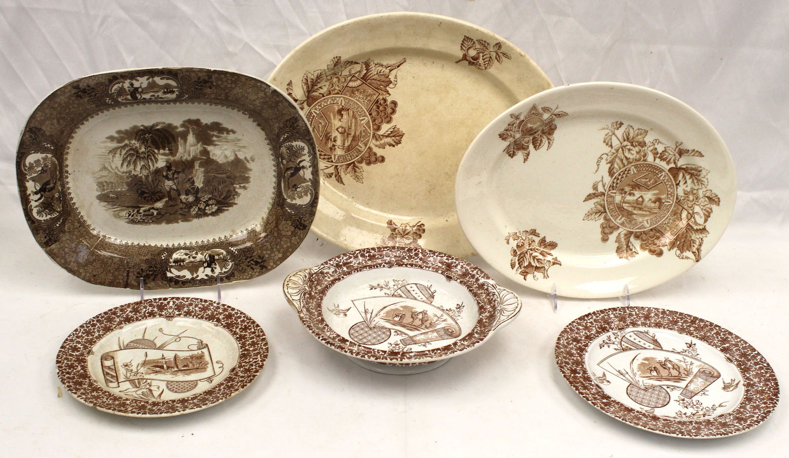 Lot of 6 Staffordshire brown & white transfer items incl platters, plates & a bowl (1 of 7)