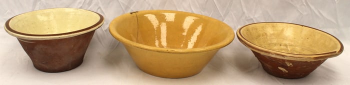Lot of 3 large bowls - 1 yellowware & 2 French earthenware -