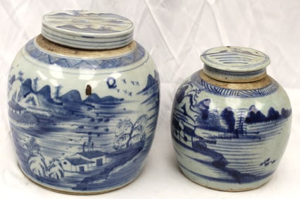 Lot of 2 Chinese blue & white ginger jars