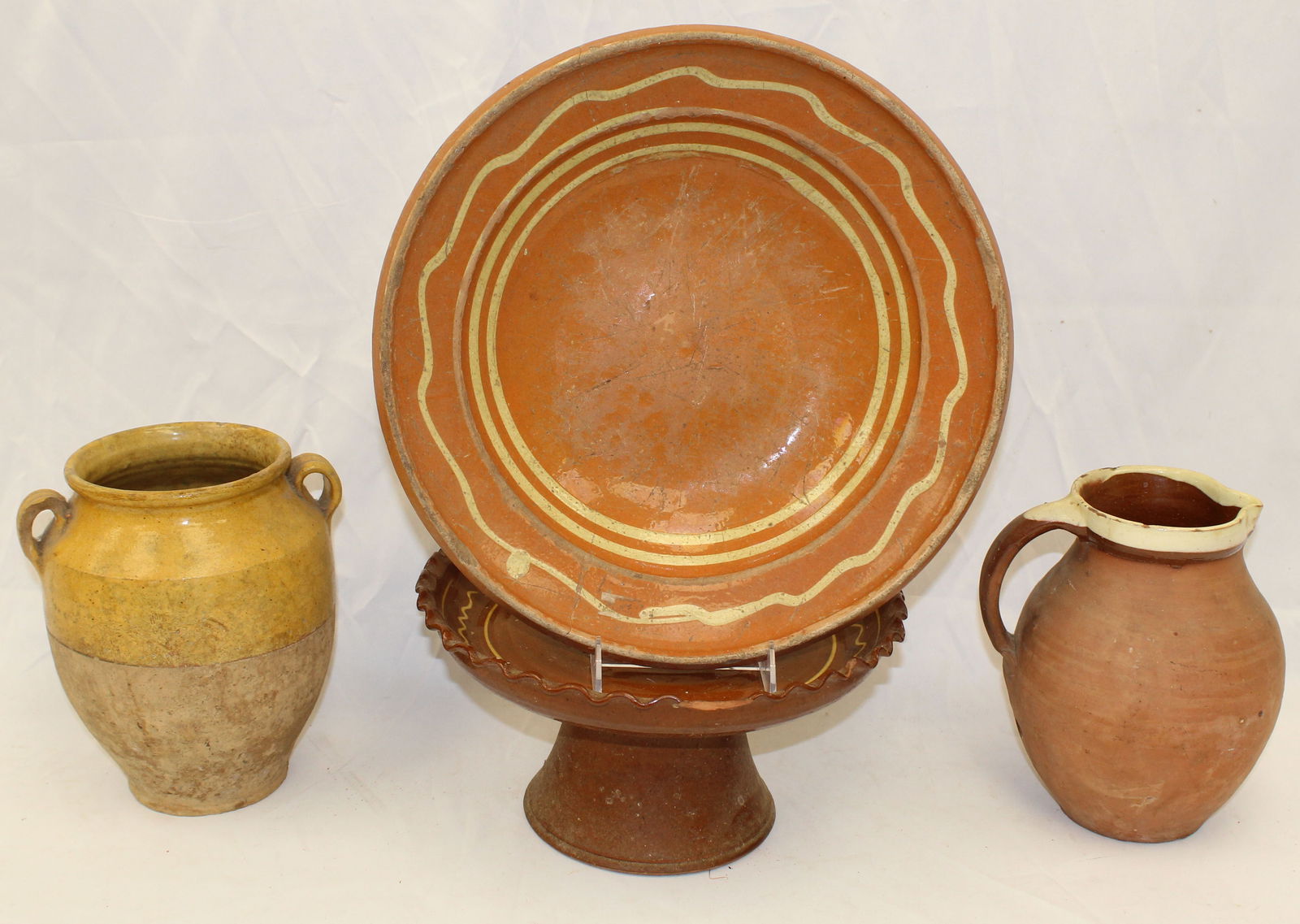 Lot of 3 pcs of European earthenware plus a contemporary redware cake stand (1 of 7)