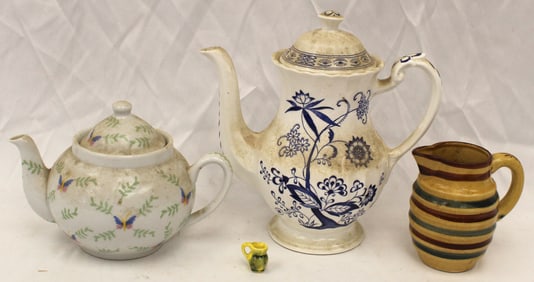 Antique/vintage teapot & pitcher lot incl Staffordshire blue & white & "Nantucket" teapots plus
