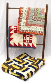 Antique wooden quilt rack w 3 quilts (2 crib or child size)