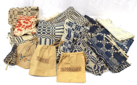 Lot of antique textiles fragments/pieces incl coverlet, table runners, small bags
