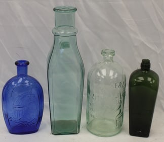 Lot of 4 bottles/jars incl large pickle jar & Buffalo Water bottle in aqua, cobalt flask & green gin