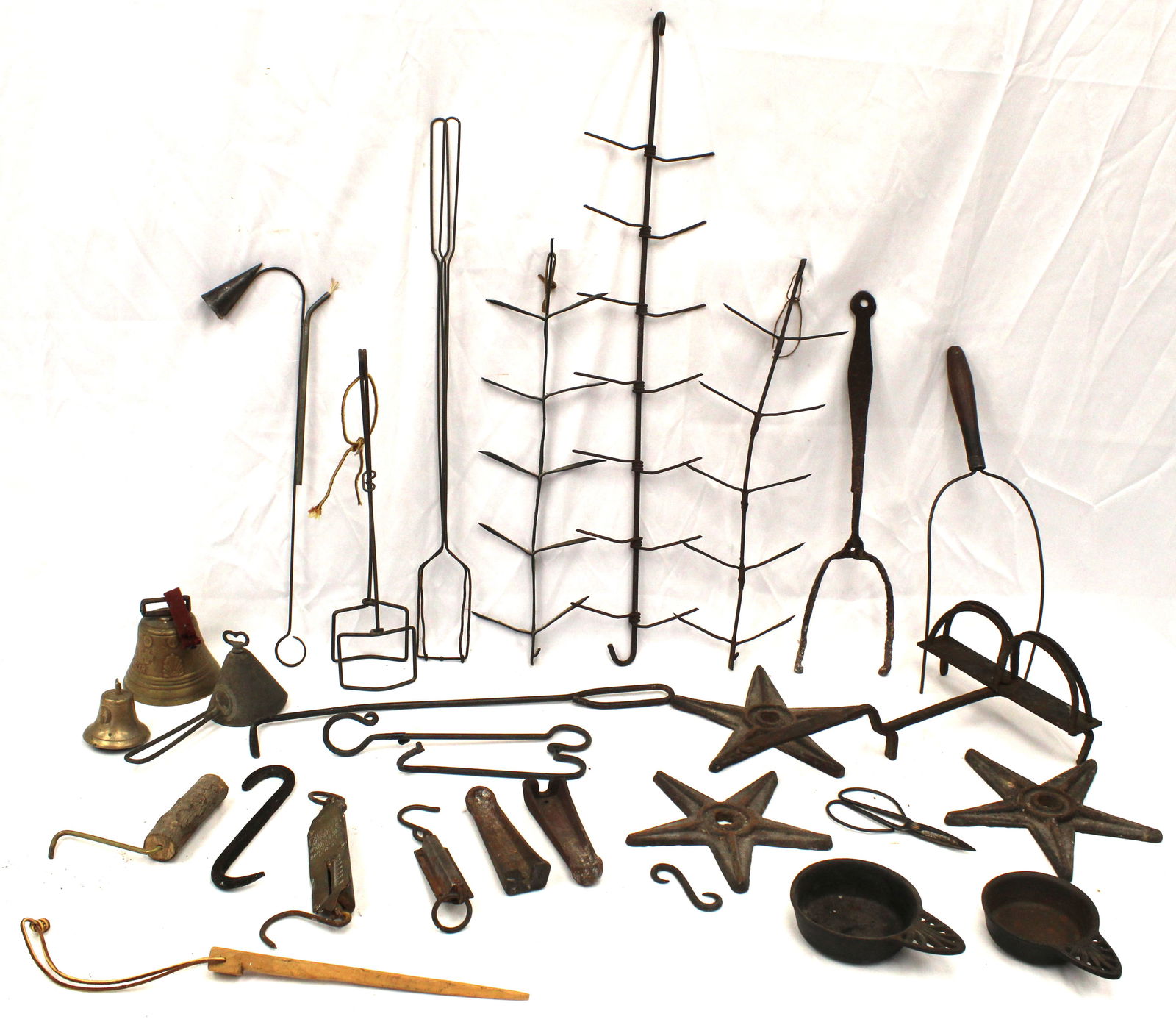 Large misc iron, tin etc utility lot incl corn dryers, toaster, fork, posnets, hooks, bells, stars, (1 of 11)