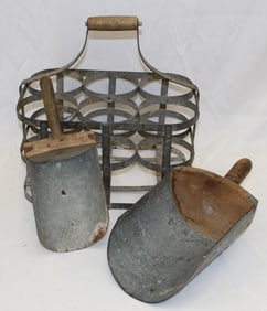 Antique tin milk bottle carrier w 2 wooden handled tin scoops